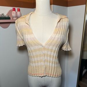 Free People Pastel Striped Short Sleeve Ribbed Cardigan Hoodie